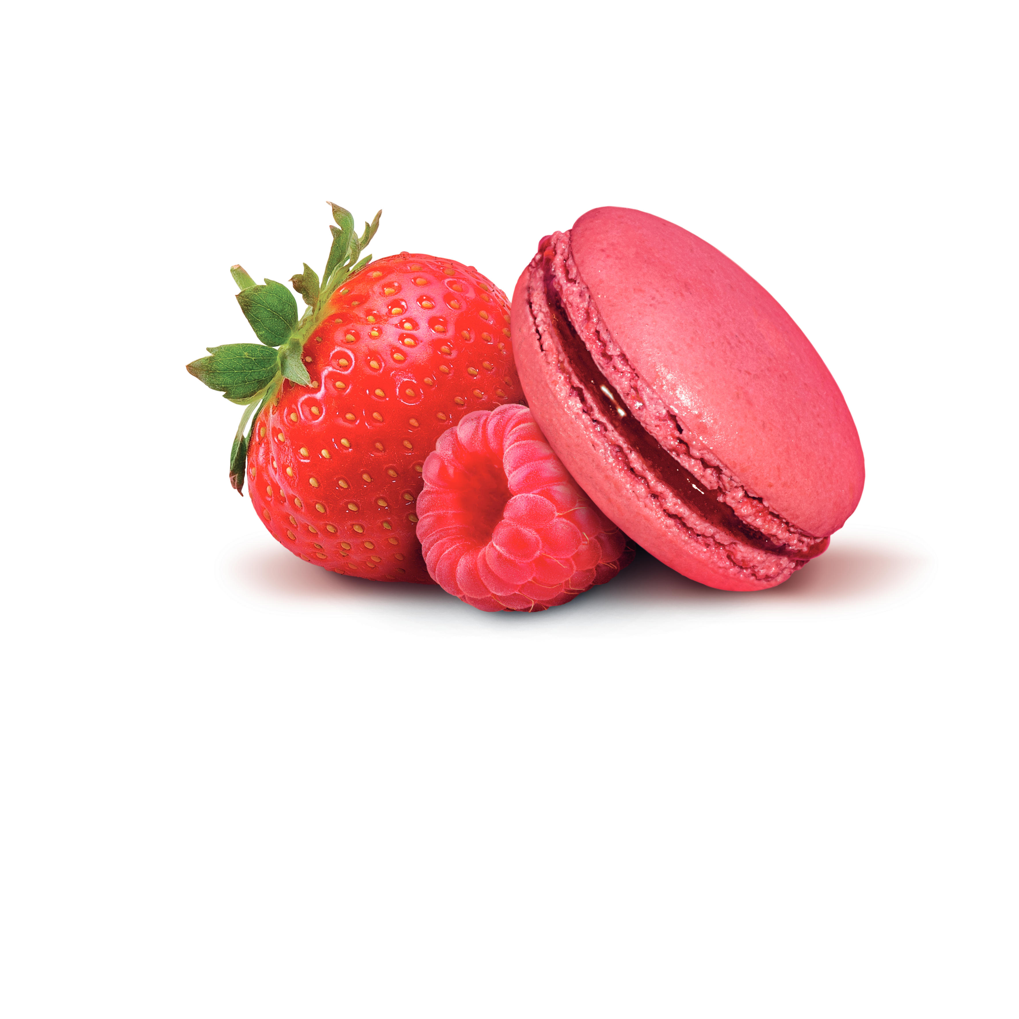 A red Macaron resting on a strawberry and a raspberry